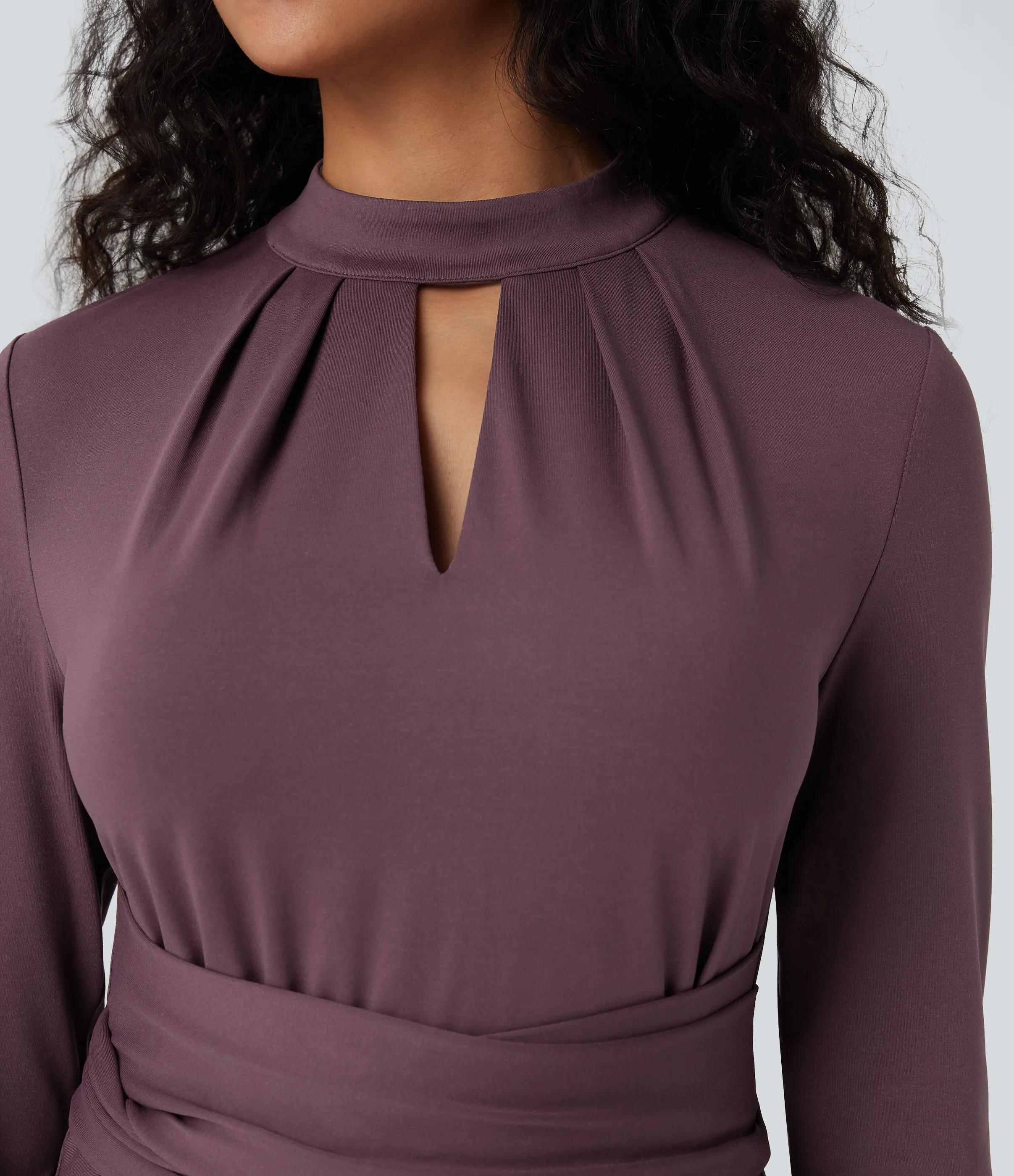 Halara Vestido de oficina midi con mangas largas, aberturas y lazo en la espalda con bolsillos - Plum Wine - S sold by Halara product image thumbnail 5