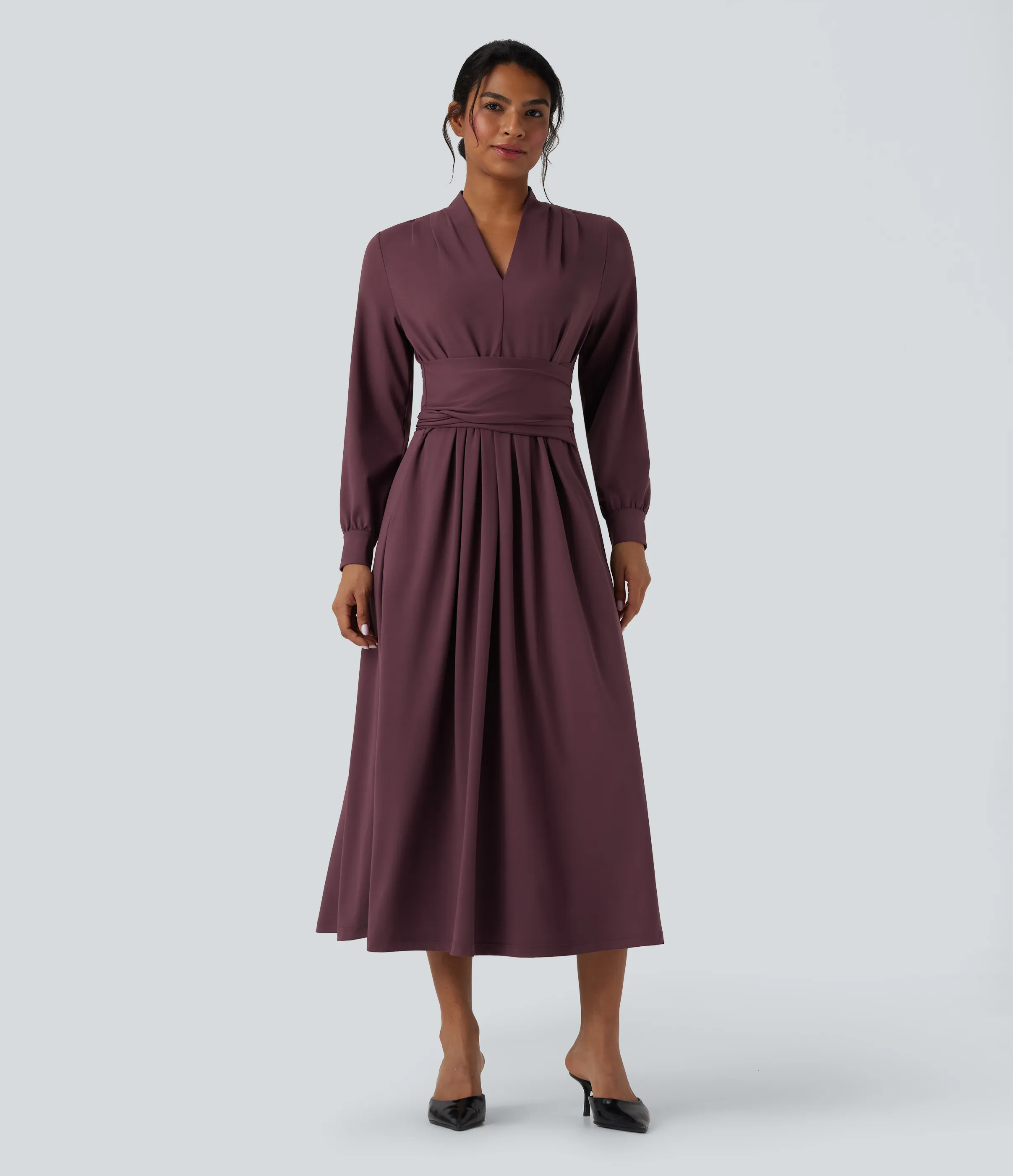 Halara Vestido de oficina midi de manga larga con escote en V y lazo en la espalda con bolsillos - Plum Wine - XS sold by Halara