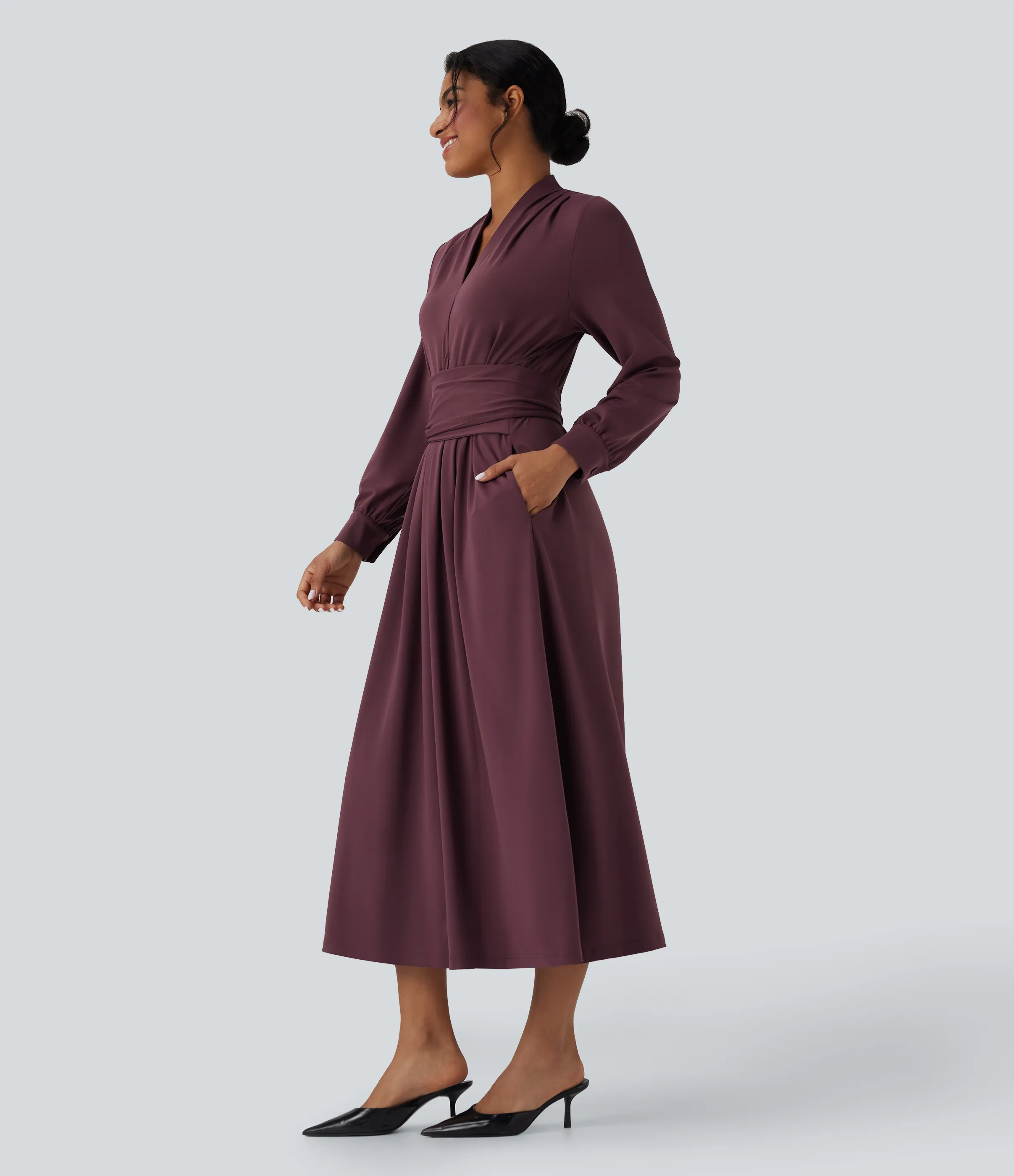 Halara Vestido de oficina midi de manga larga con escote en V y lazo en la espalda con bolsillos - Plum Wine - XS sold by Halara product image thumbnail 4