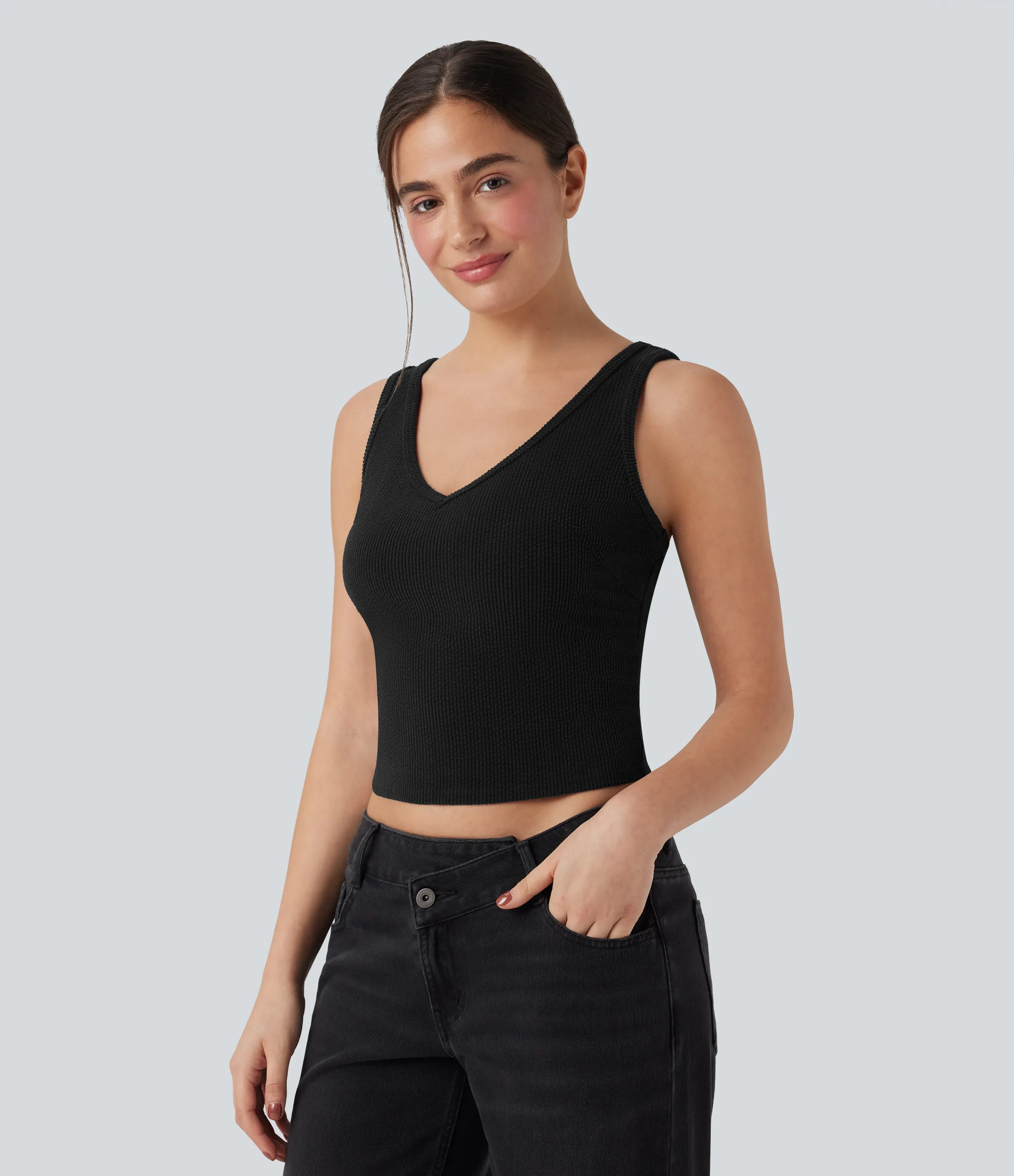 Halara Camiseta casual ajustada de pana con cuello en V - Black - M sold by Halara product image thumbnail 2
