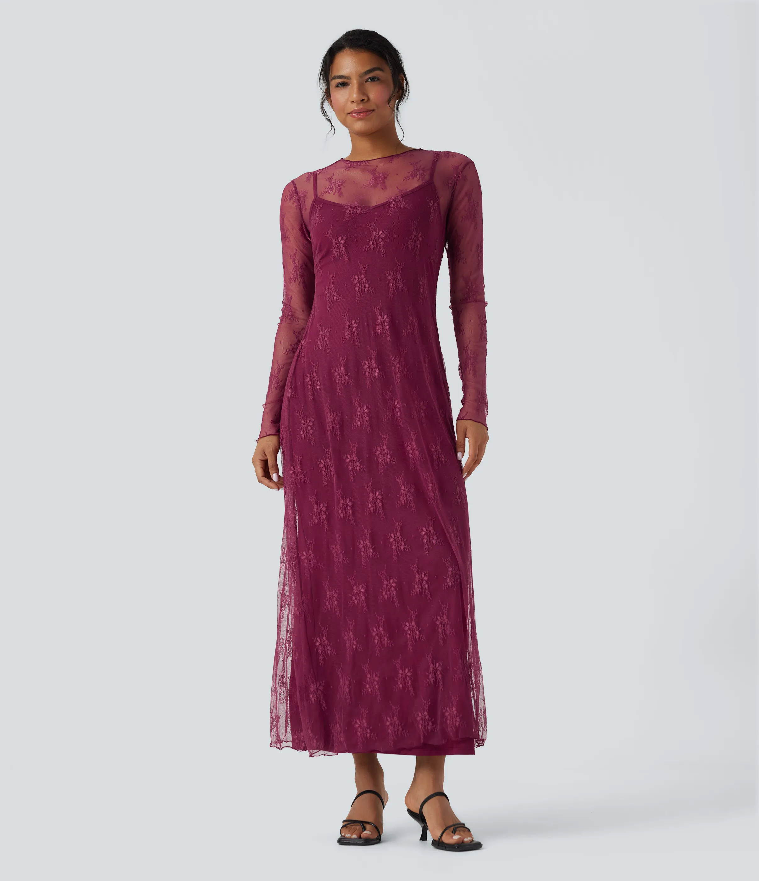 Halara Vestido casual largo maxi de manga larga de dos piezas con encaje casual - Red Plum - M sold by Halara product image thumbnail 2