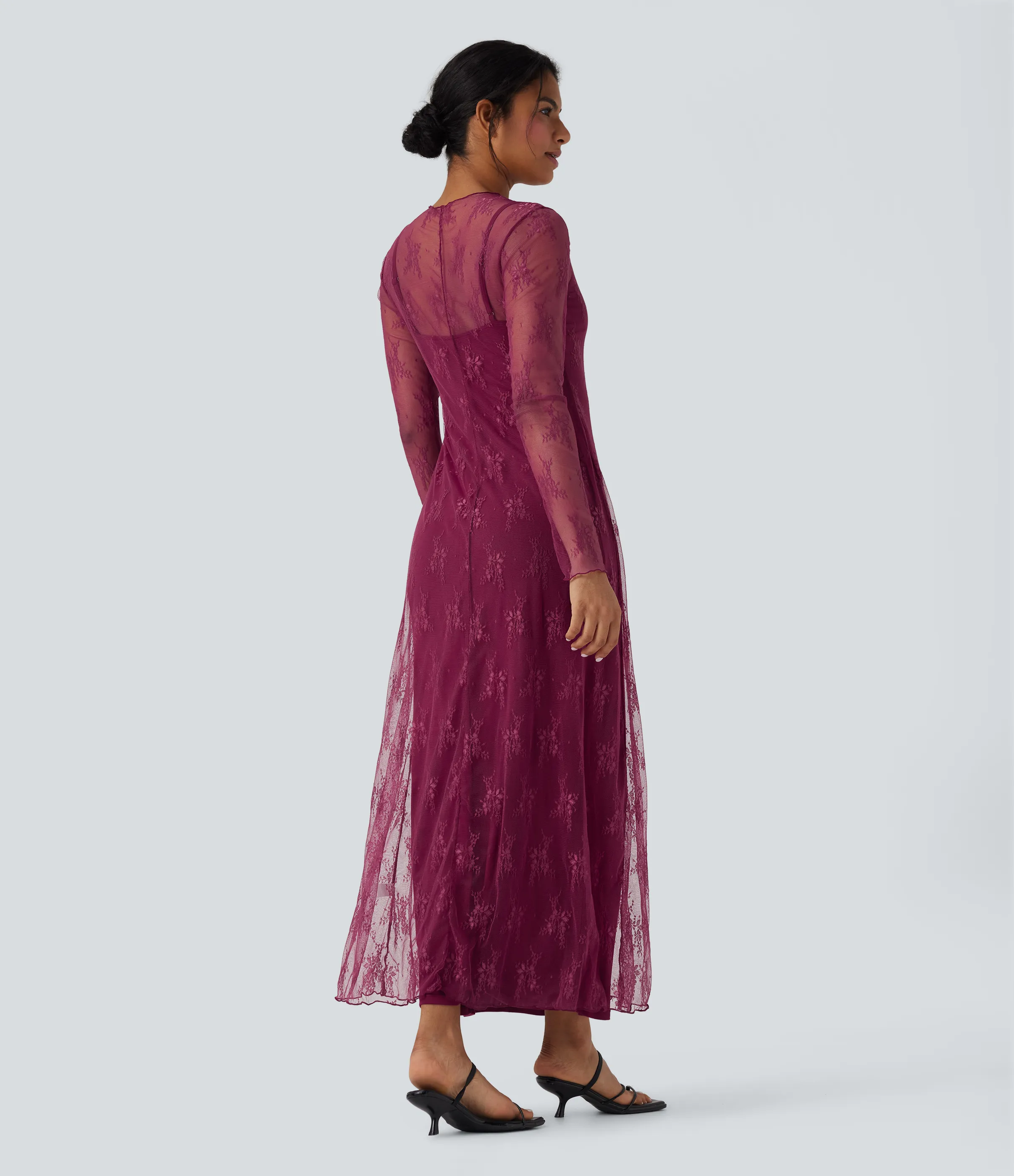 Halara Vestido casual largo maxi de manga larga de dos piezas con encaje casual - Red Plum - M sold by Halara product image thumbnail 3
