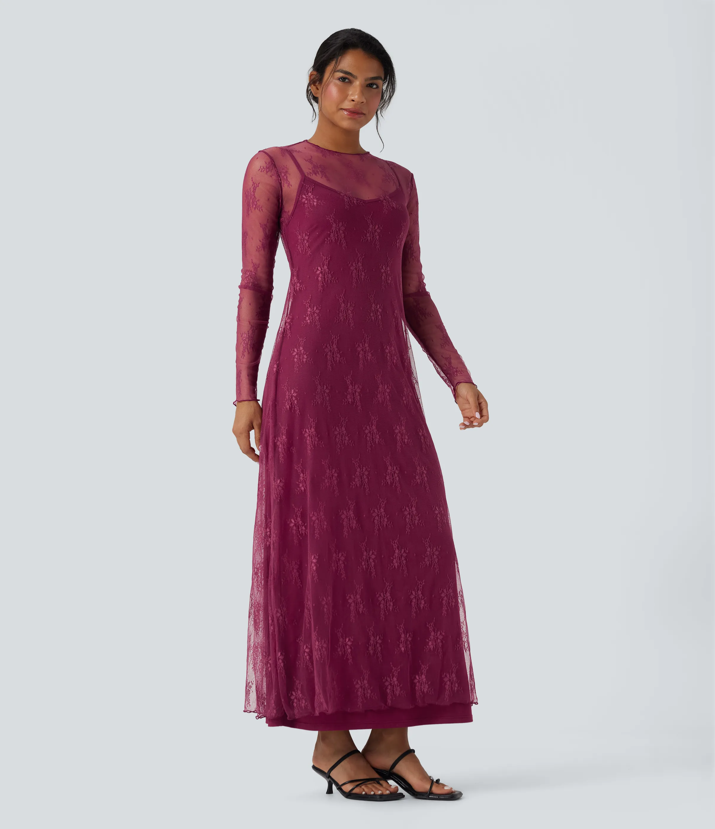 Halara Vestido casual largo maxi de manga larga de dos piezas con encaje casual - Red Plum - M sold by Halara product image thumbnail 4