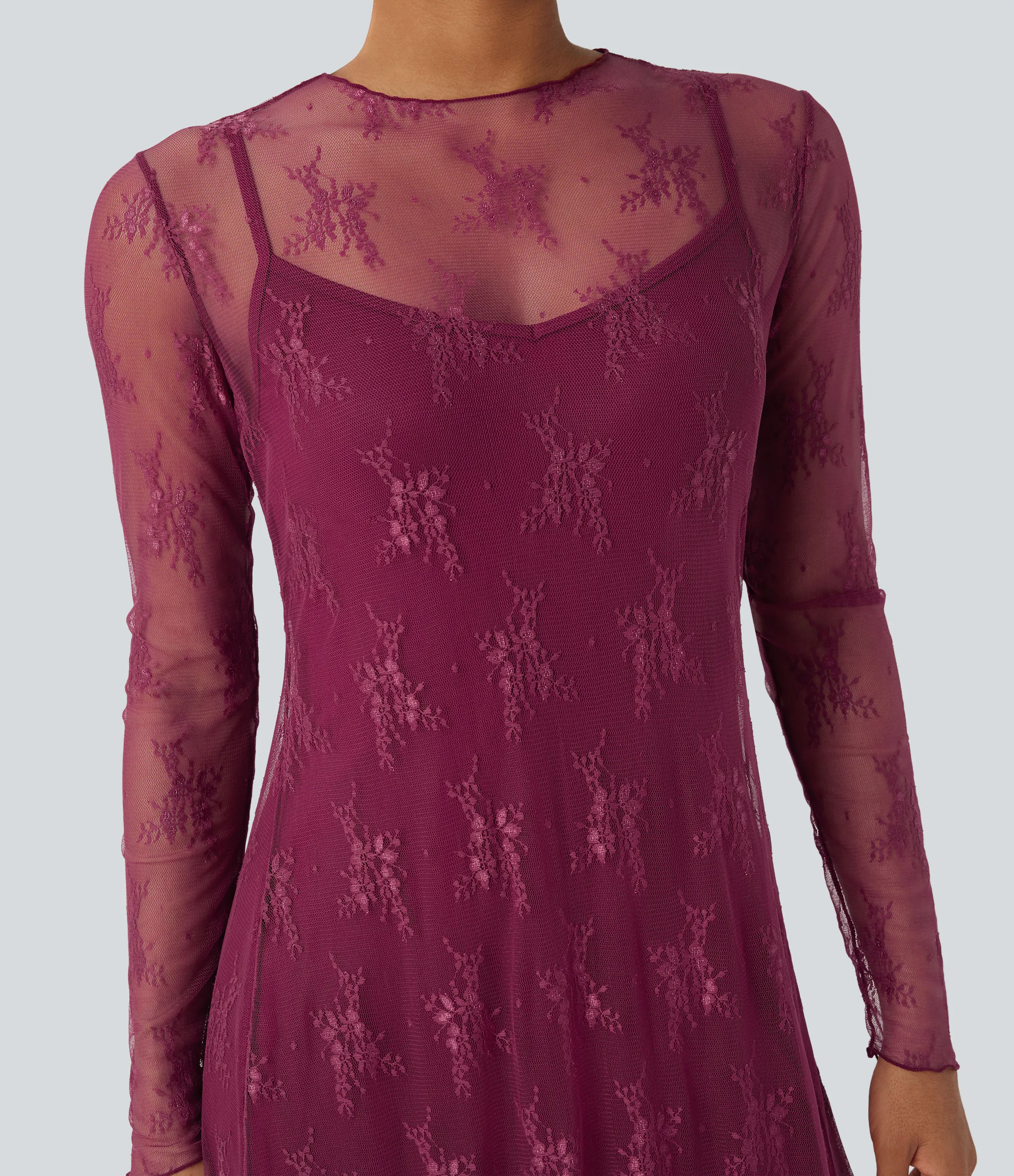 Halara Vestido casual largo maxi de manga larga de dos piezas con encaje casual - Red Plum - M sold by Halara product image thumbnail 5