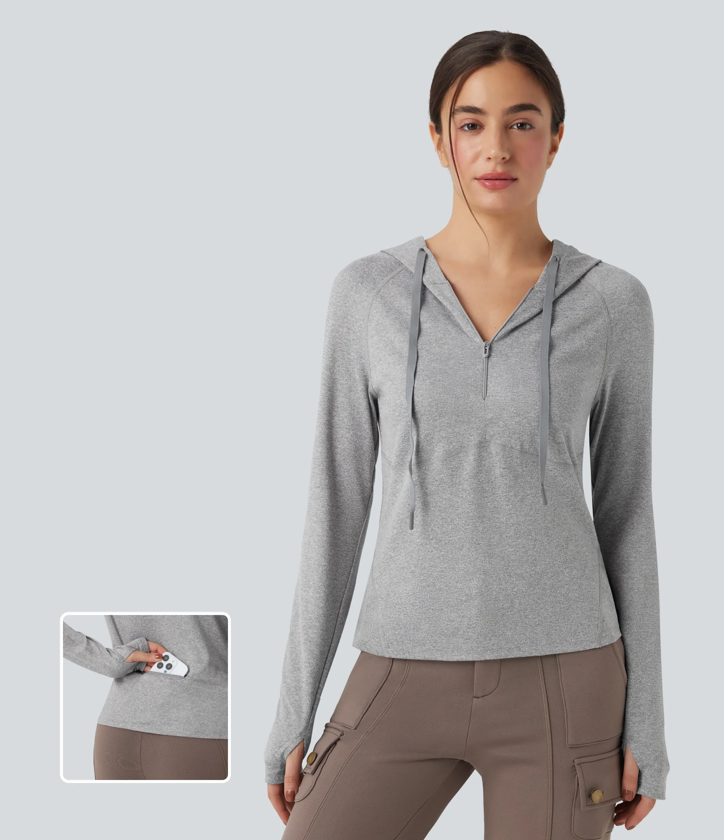 Halara Sudadera deportiva para senderismo con capucha de manga larga con cordón ajustable agujero para el pulgar y bolsillo - Fog Gray - S sold by Halara product image thumbnail 2