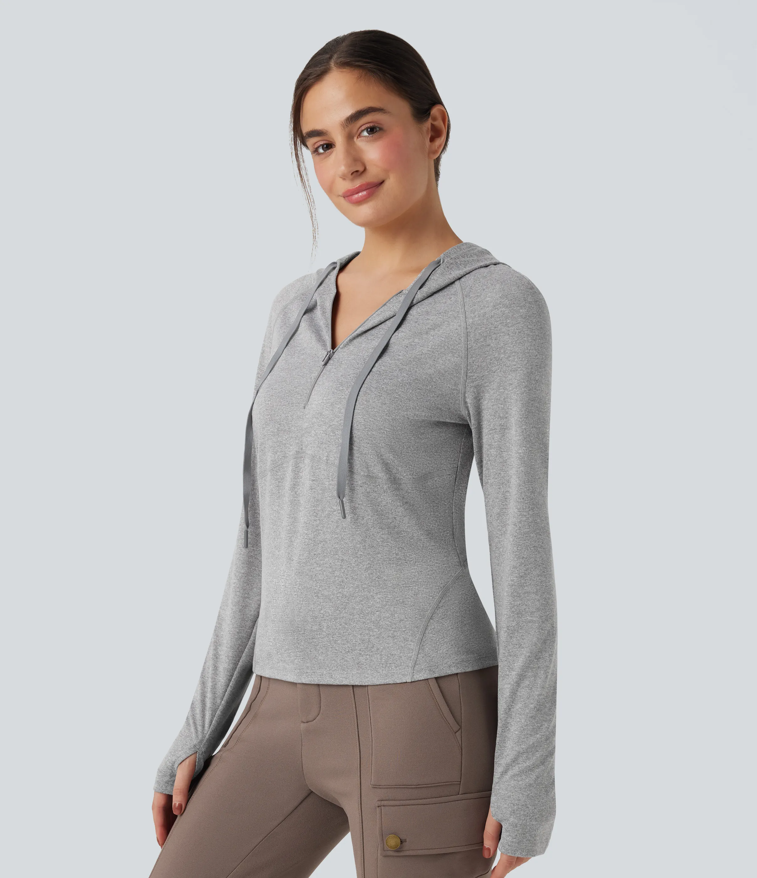 Halara Sudadera deportiva para senderismo con capucha de manga larga con cordón ajustable agujero para el pulgar y bolsillo - Fog Gray - S sold by Halara product image thumbnail 4