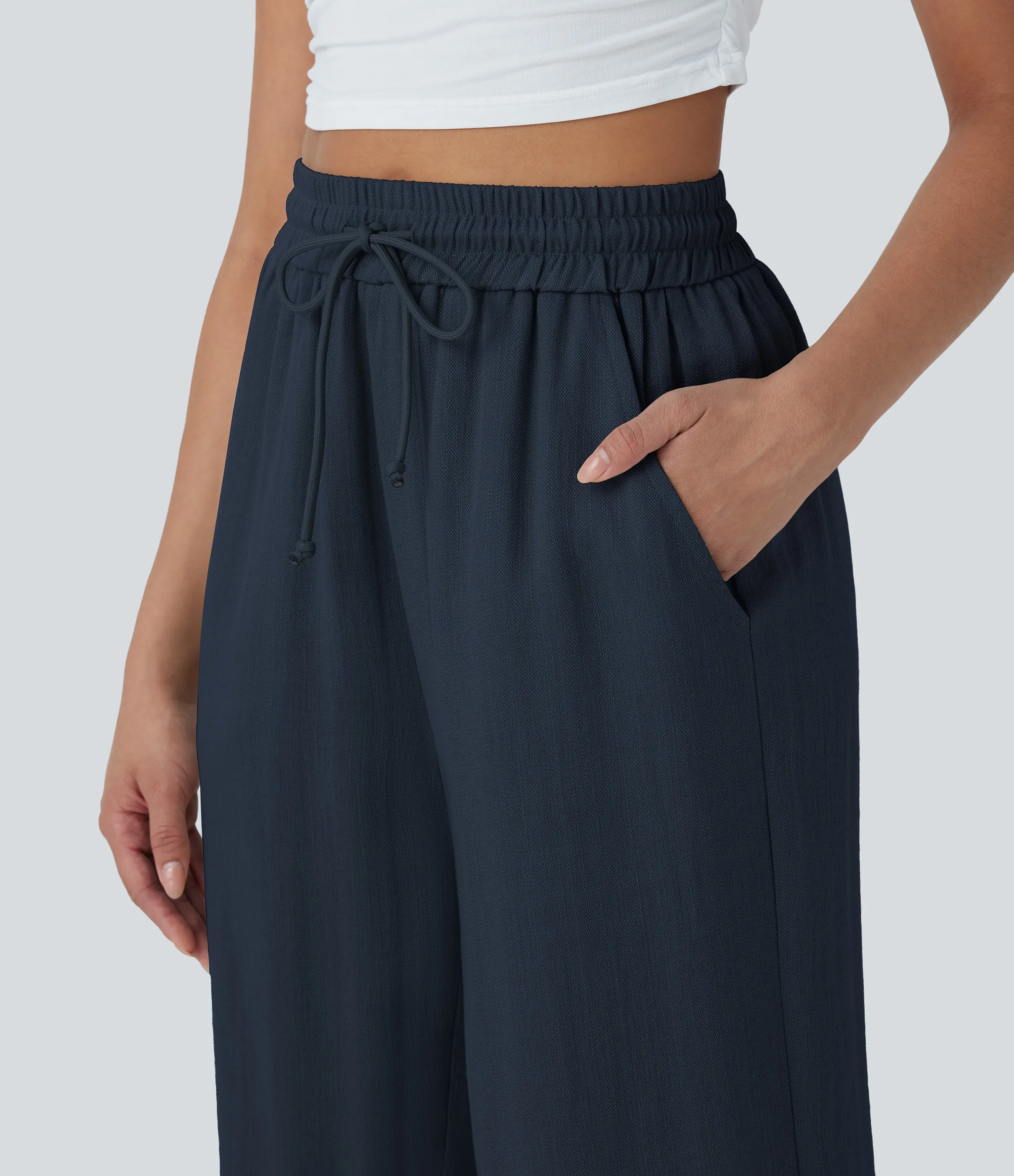 Halara Pantalón lino tiro alto cordón ajustable pierna ancha bolsillo lateral - Dark Blue - XL(regular) sold by Halara product image thumbnail 5