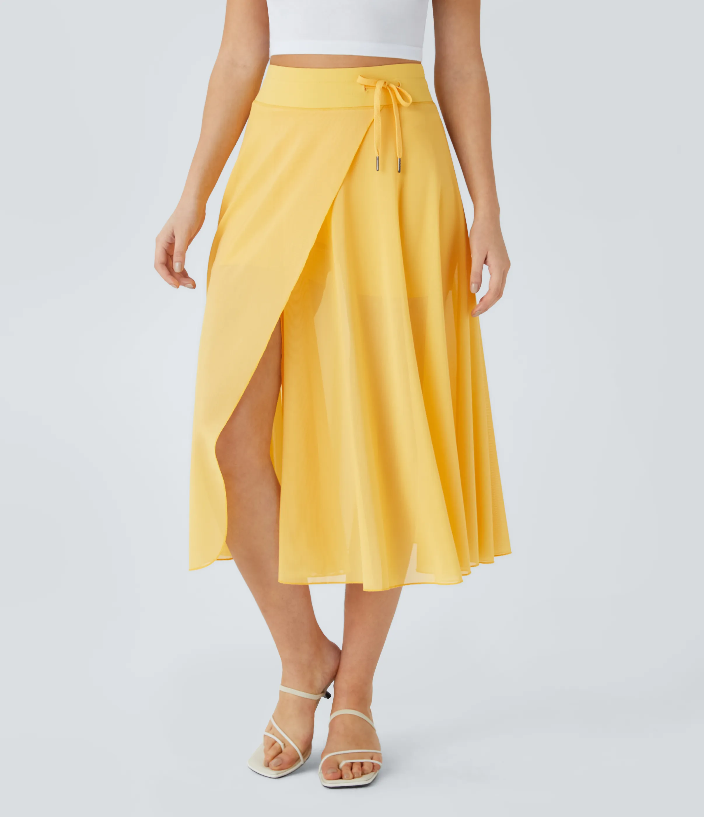 Halara Falda midi casual 2 en 1 acampanada con bolsillo lateral de tiro alto con cordón y malla en contraste - Popcorn - L sold by Halara product image thumbnail 4