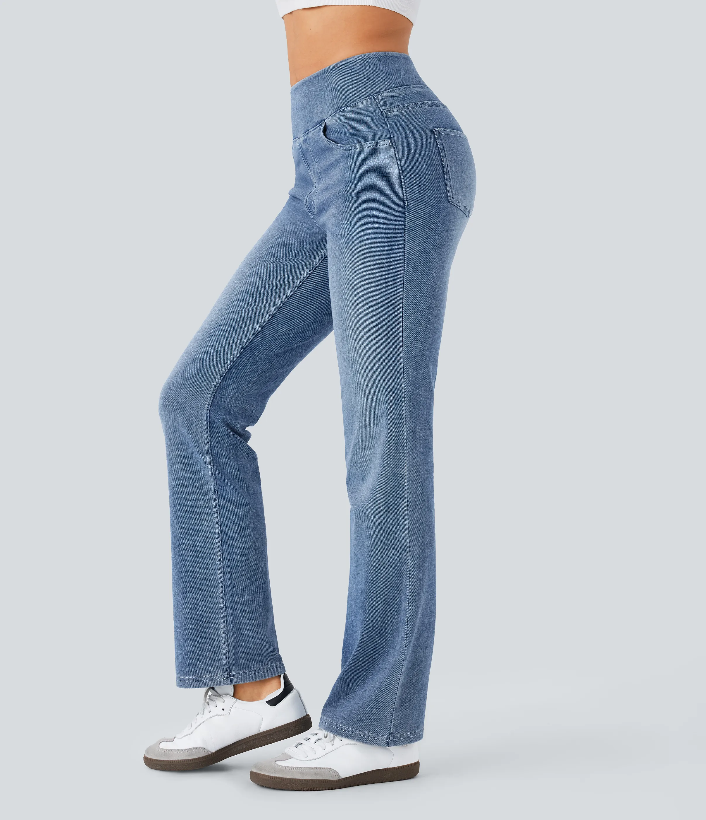 Halara Jeans Halara Flex™ Denim tiro alto lavado elástico múltiple bolsillo corte acampanado - Blue Gray Denim - XL(petite) sold by Halara product image thumbnail 4
