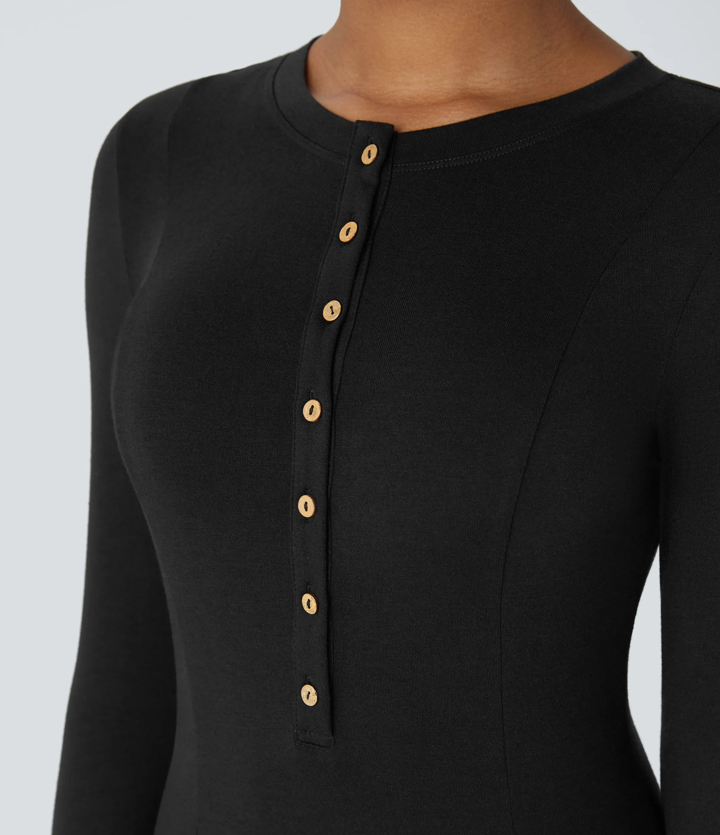 Halara Vestido maxi acampanado de manga larga y cuello redondo con botones - Black - S sold by Halara product image thumbnail 5