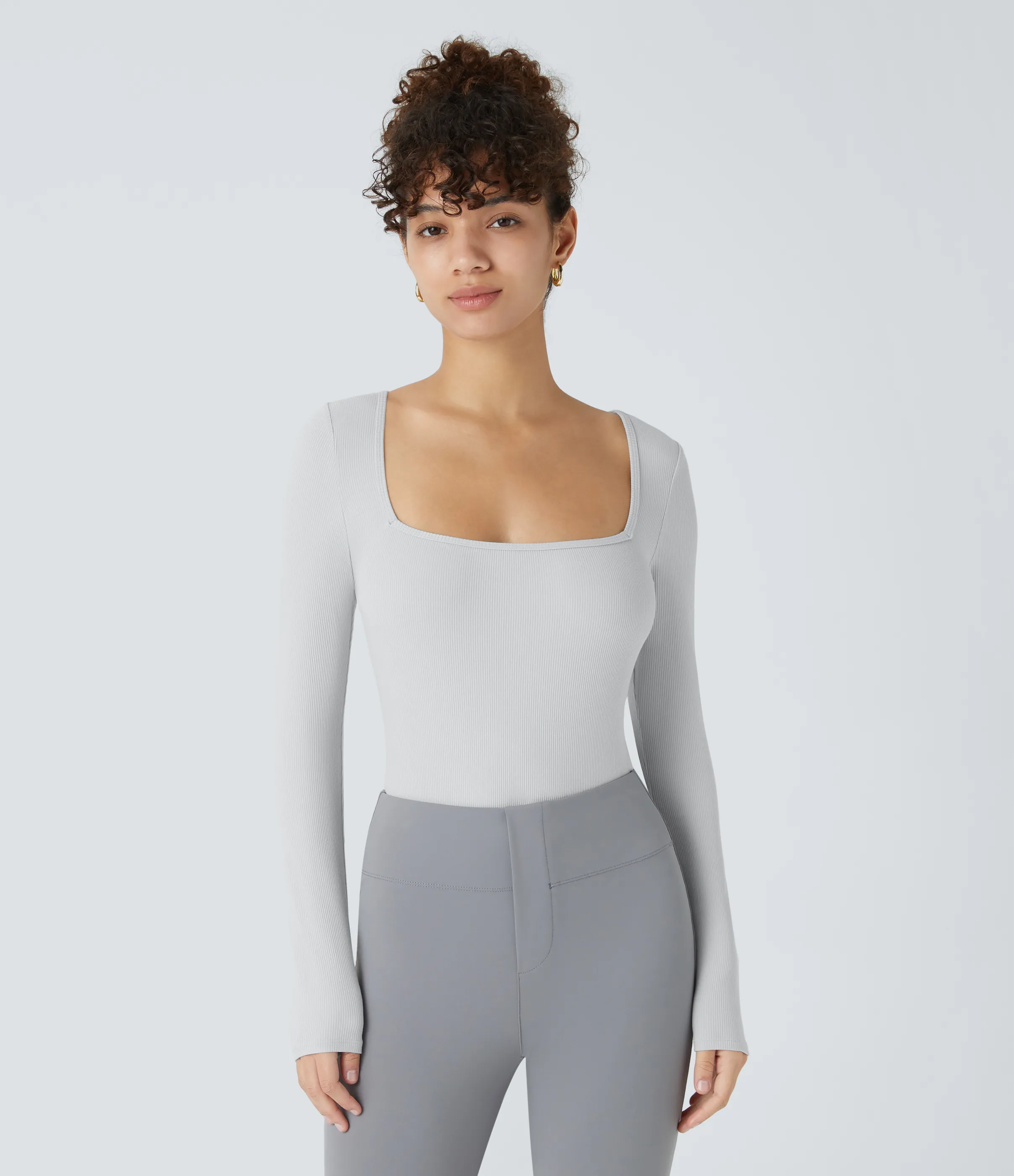 Halara Body oficina ajustado botón manga larga cuello cuadrado acanalado - Glacier Gray - XS sold by Halara product image thumbnail 3