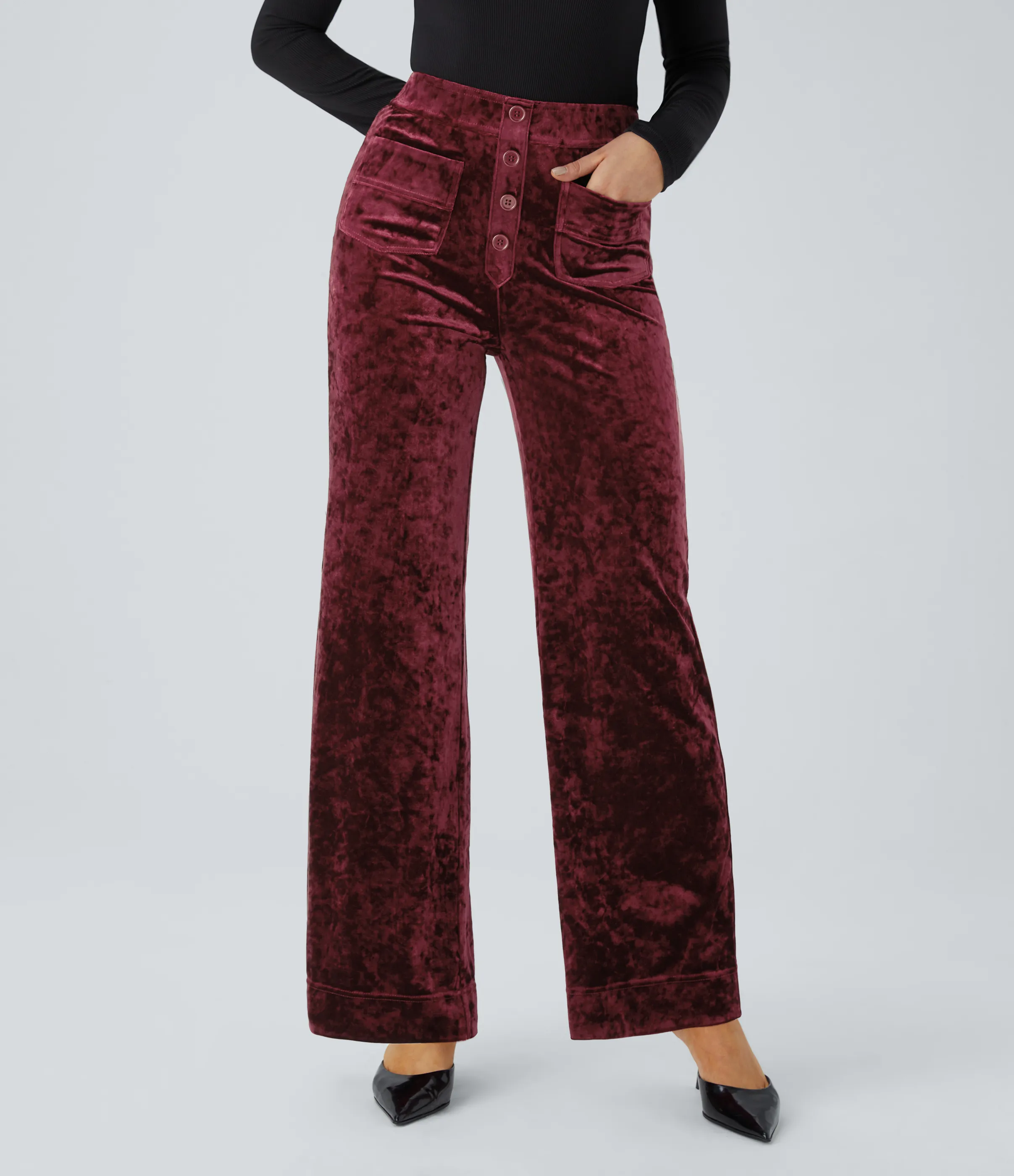 Halara Pantalón terciopelo botón tiro alto bolsillo múltiple - Burgundy - L(petite) sold by Halara product image thumbnail 3