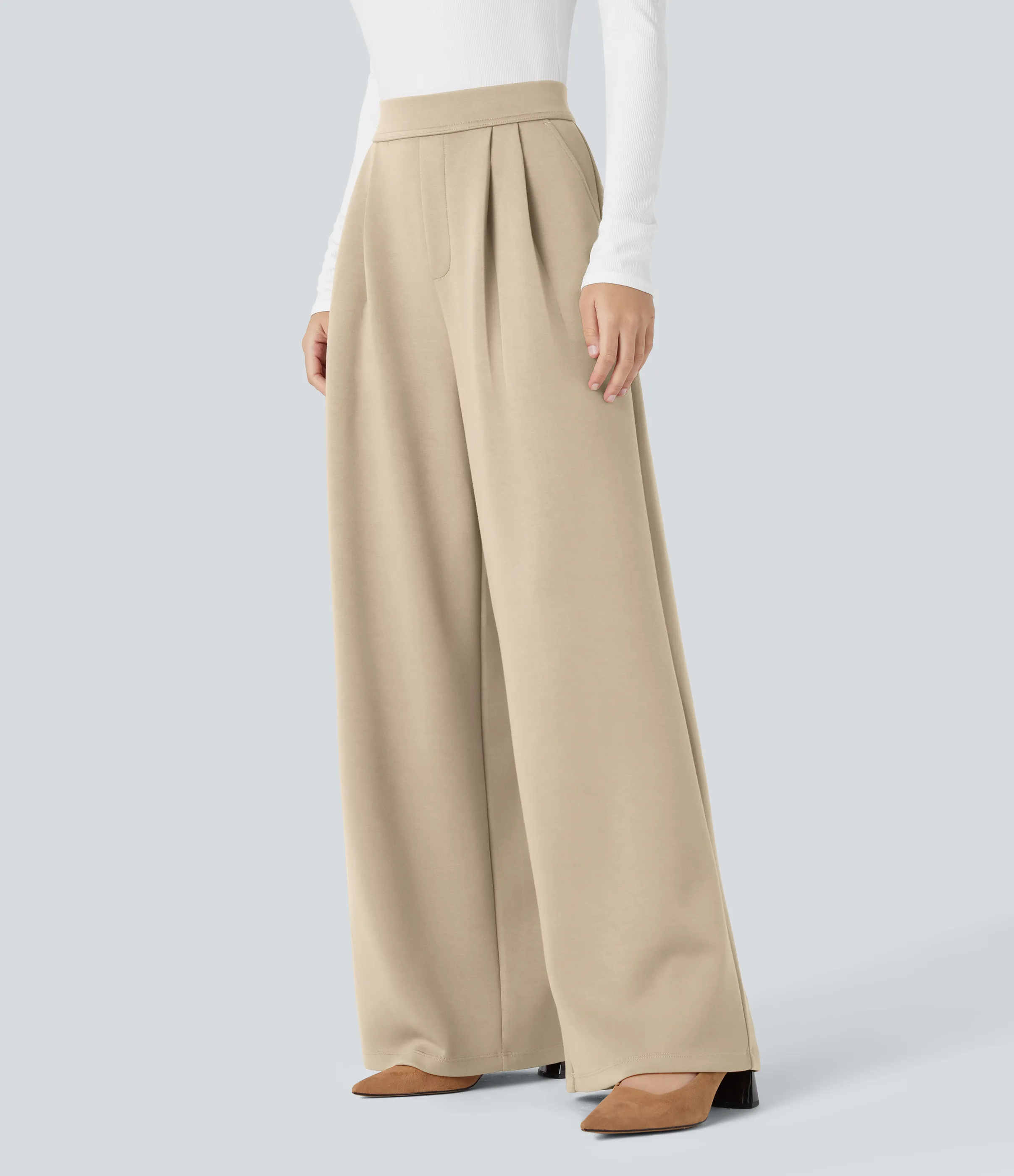 Halara Pantalón oficina tiro alto bolsillo lateral pierna ancha - Bleached Sand - M(regular) sold by Halara product image thumbnail 4