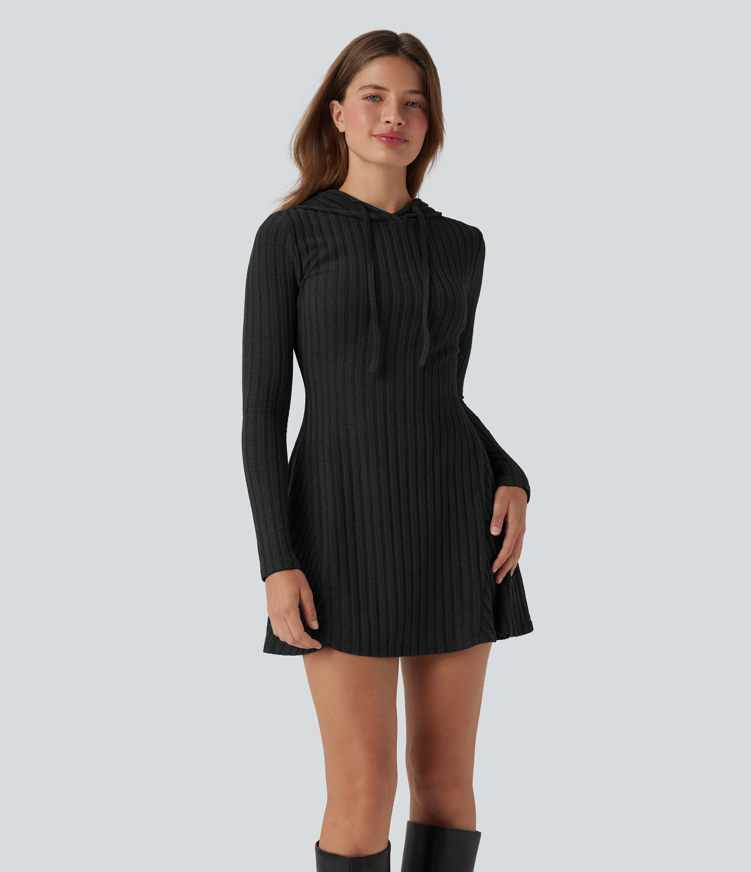 Halara Vestido casual mini de manga larga con capucha y cordón ajustable de punto acanalado - Black - S sold by Halara product image thumbnail 5