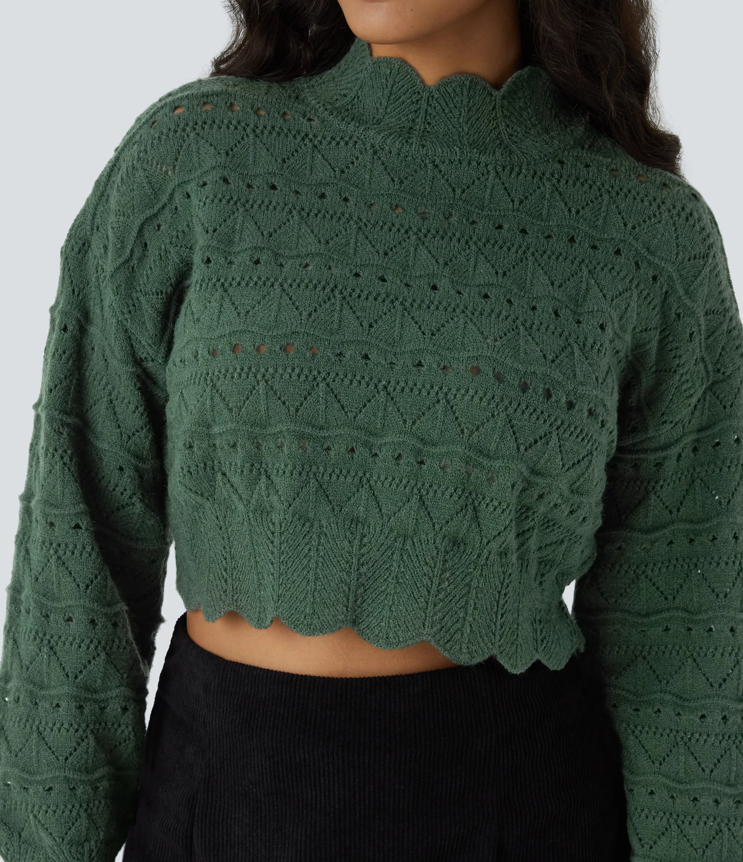 Halara Suéter abierto dobladillo festoneado manga obispo cuello alto - Cilantro - XL sold by Halara product image thumbnail 5