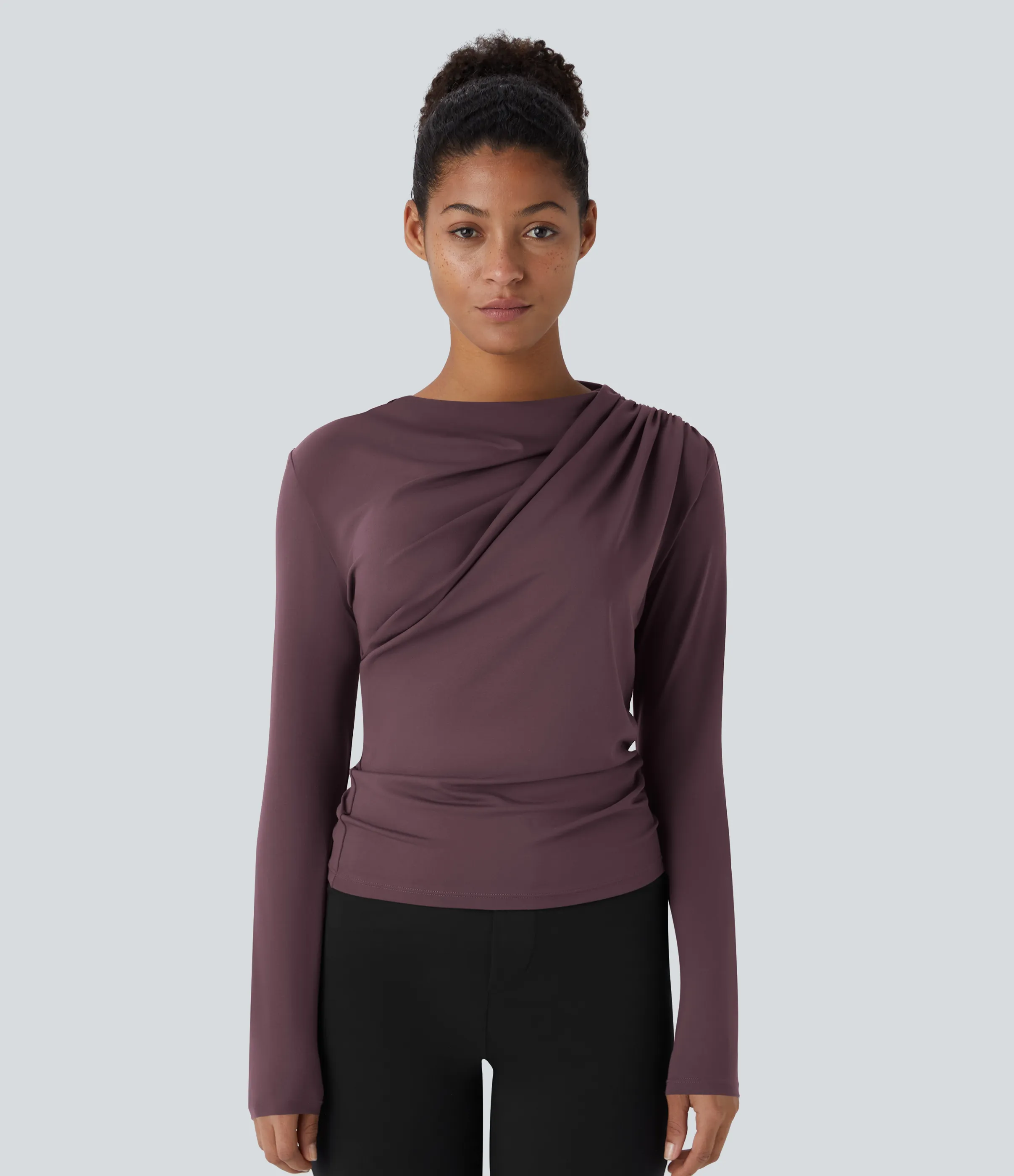 Halara Blusa oficina ajustada manga larga fruncida cuello vuelto - Plum Wine - S sold by Halara product image thumbnail 5