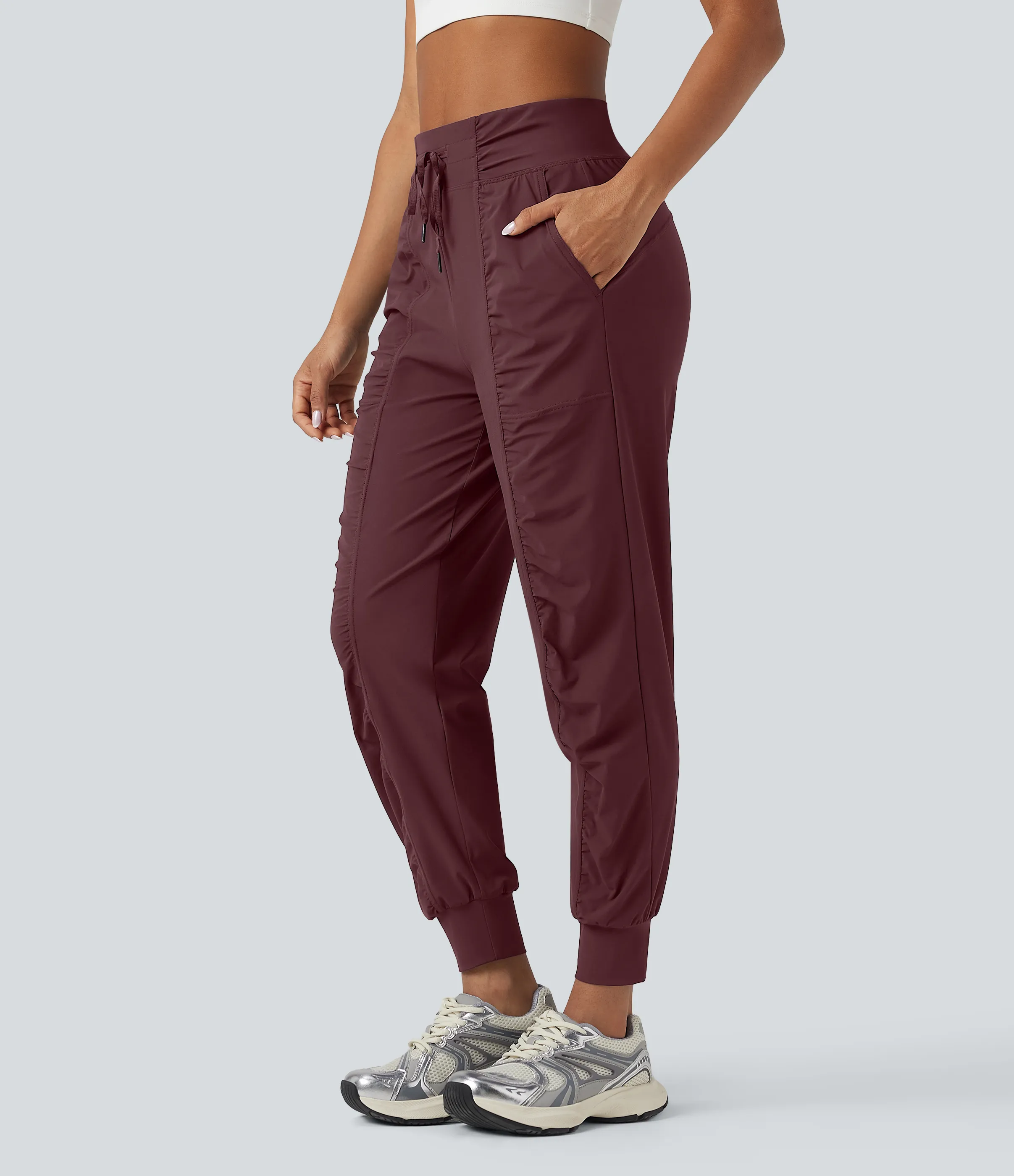 Halara Joggers de baile de tiro alto ajustado con fruncido de secado rápido y con bolsillos - Red Mahogany - XL(regular) sold by Halara product image thumbnail 4