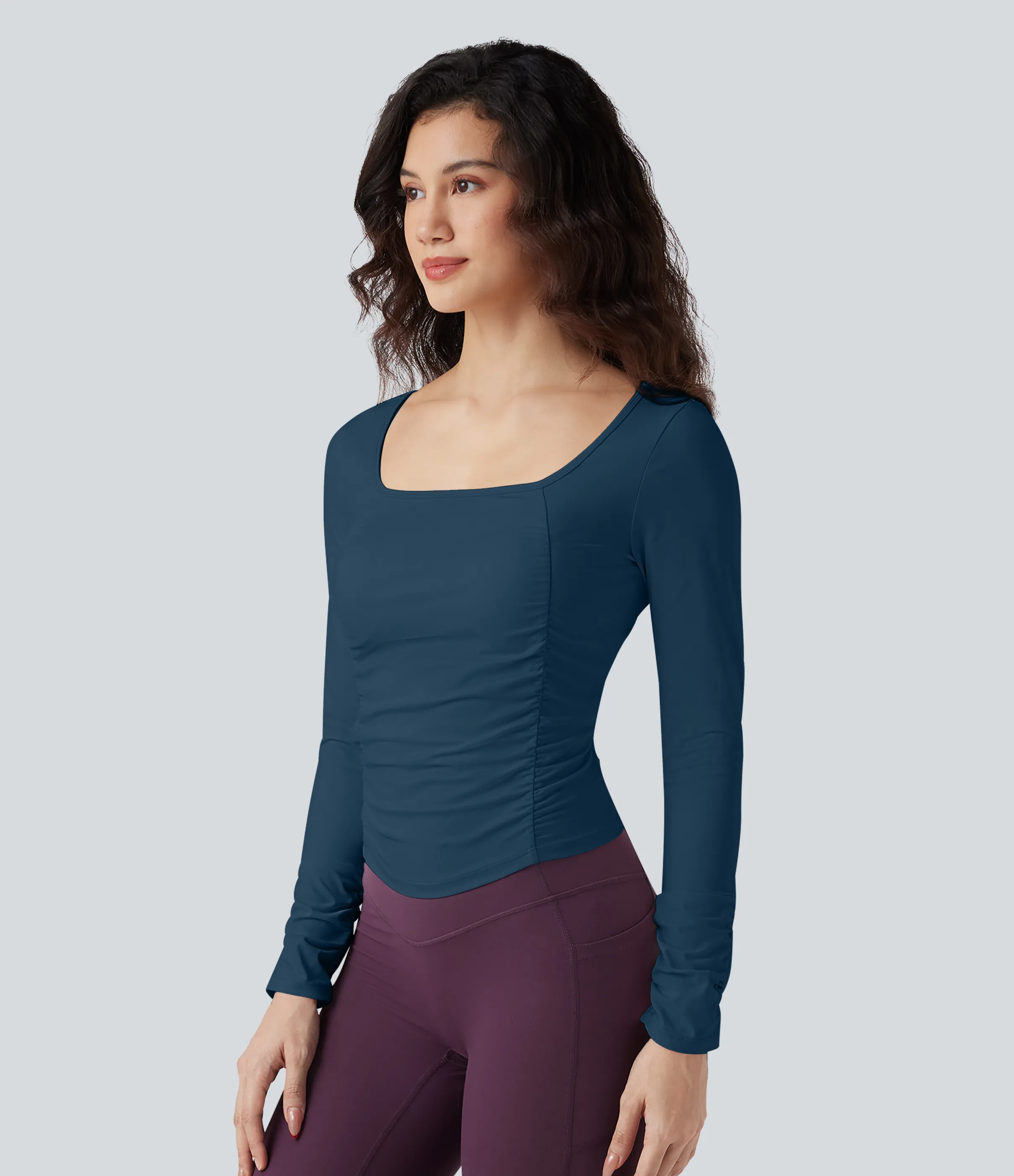 Halara Top deportivo de entrenamiento SoftlyZero™ con cuello cuadrado de manga larga con fruncido y tacto fresco - Majolica Blue - M sold by Halara product image thumbnail 4