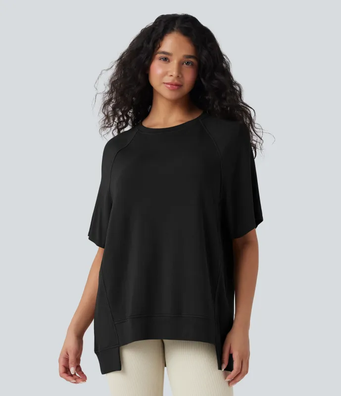 Halara Top casual de cuello redondo de manga corta asimétrico - Black - XS sold by Halara