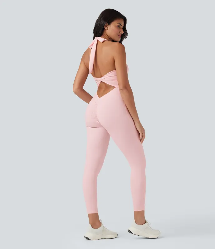 Halara Jumpsuit de yoga SoftlyZero™ ajustado con escote halter, fruncido y espalda anudada  - Primrose Pink - XS(7/8) sold by Halara