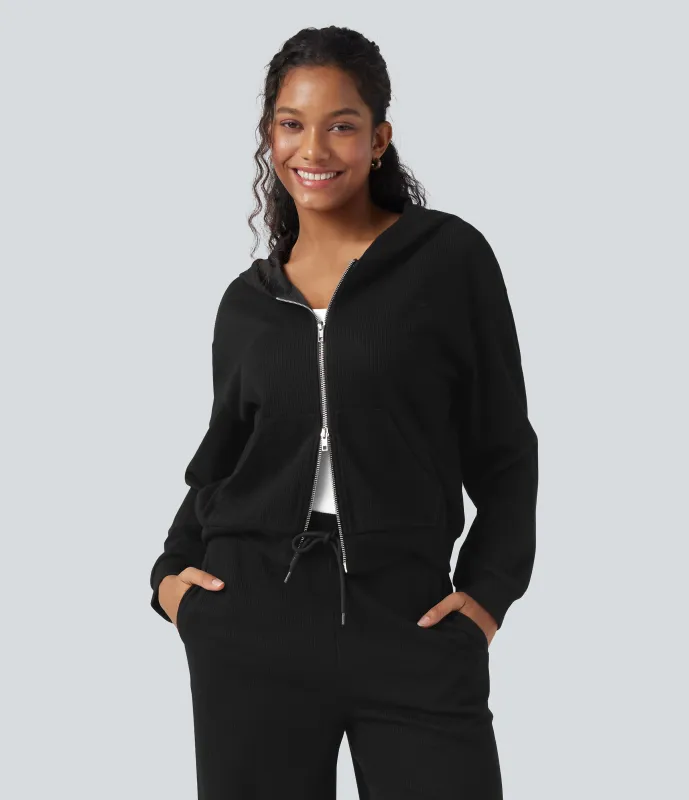 Halara Chamarra casual holgada de punto acanalado con capucha, cremallera y bolsillos - Black - XS sold by Halara