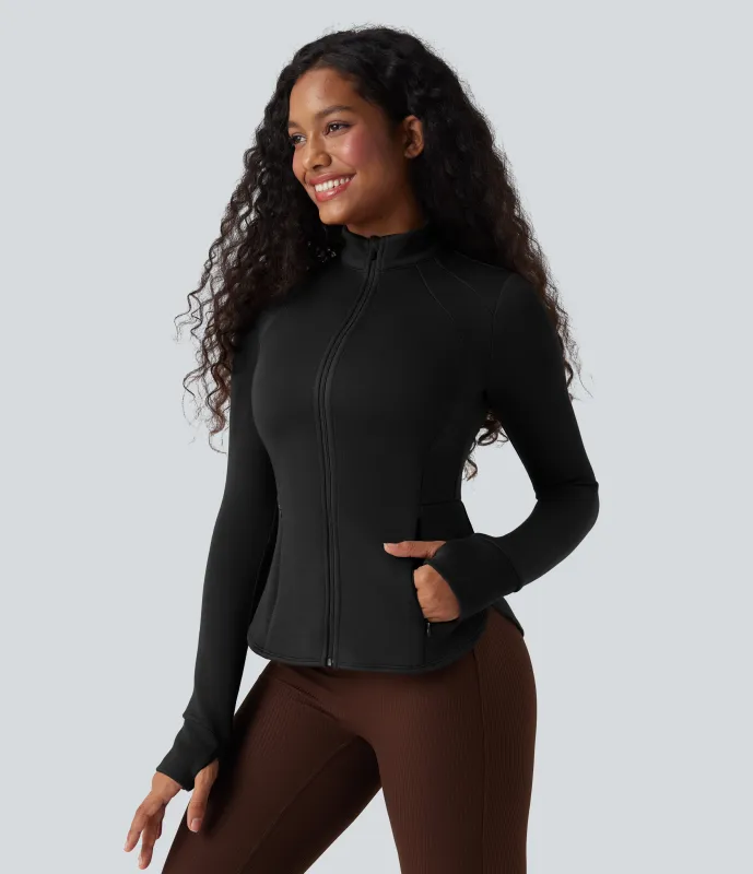 Halara Chamarra deportiva de manga larga de reglán con cuello alto y aberturas para los pulgares - Black - XL sold by Halara