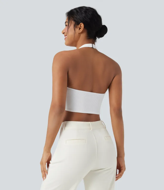 Halara Top corto casual de punto acanalado con cuello halter y hebilla ajustable - White - L sold by Halara