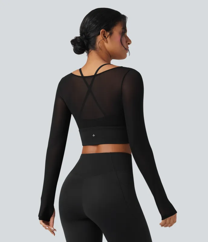 Halara Top deportivo de yoga SoftlyZero™ 2 en 1 con abertura para el pulgar y manga larga de malla de contraste afelpada - Black - XL sold by Halara