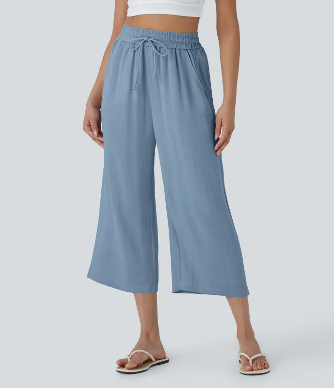 Halara Pantalón lino tiro alto cordón ajustable pierna ancha bolsillo lateral - Mountain Spring - M(regular) sold by Halara