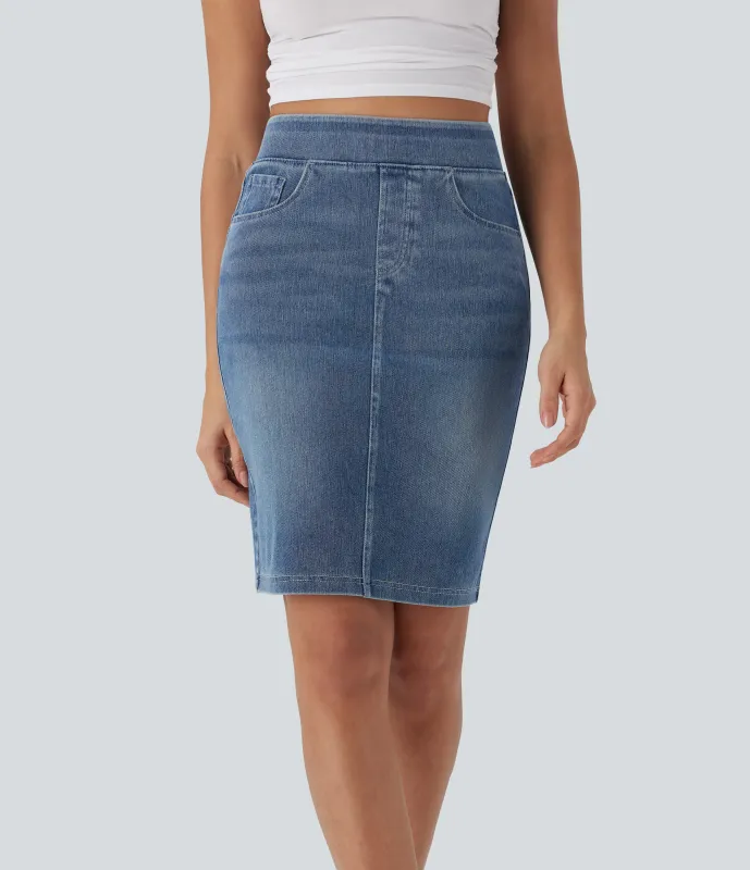 Halara Falda Halara Flex™ Denim mezclilla elástico lavada dividida múltiple bolsillo tiro alto - Blue Gray Denim - XL(regular) sold by Halara