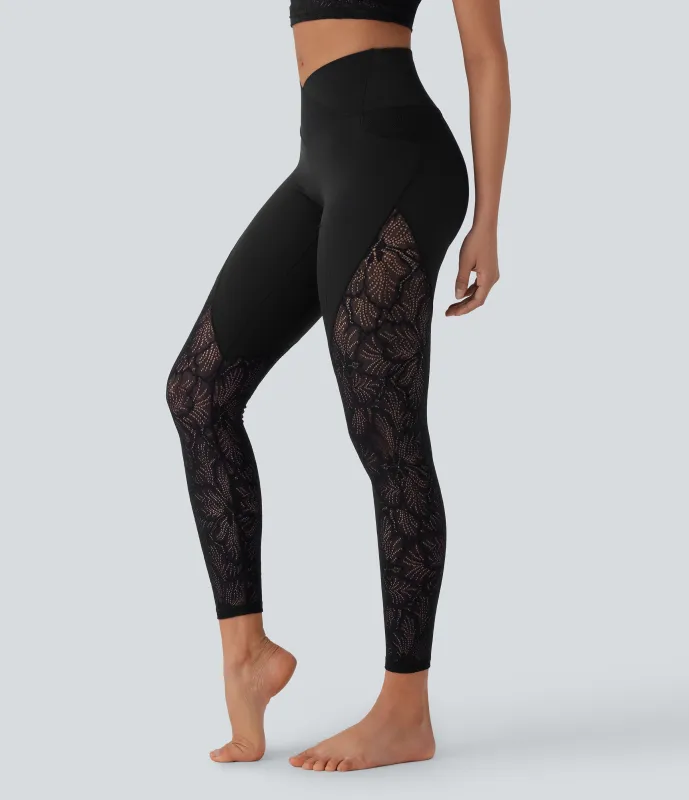 Halara Leggings Softlyzero™ yoga tiro alto bolsillo lateral cruzado encaje contrastante 7/8 - UPF50+ - Black - M(full_length) sold by Halara