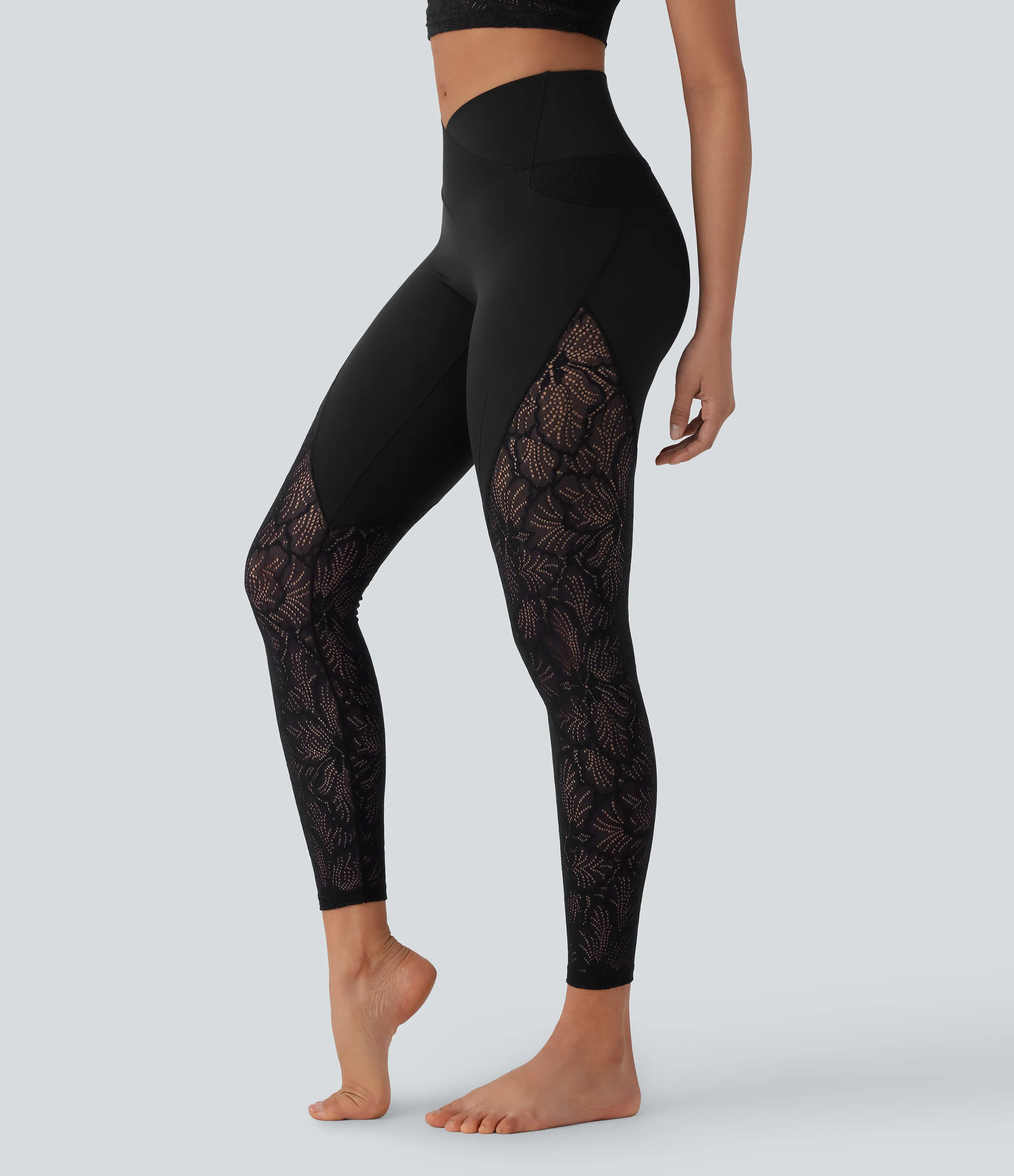 Halara Leggings Softlyzero™ yoga tiro alto bolsillo lateral cruzado encaje contrastante 7/8 - UPF50+ - Black - M(full_length) sold by Halara product image thumbnail 2