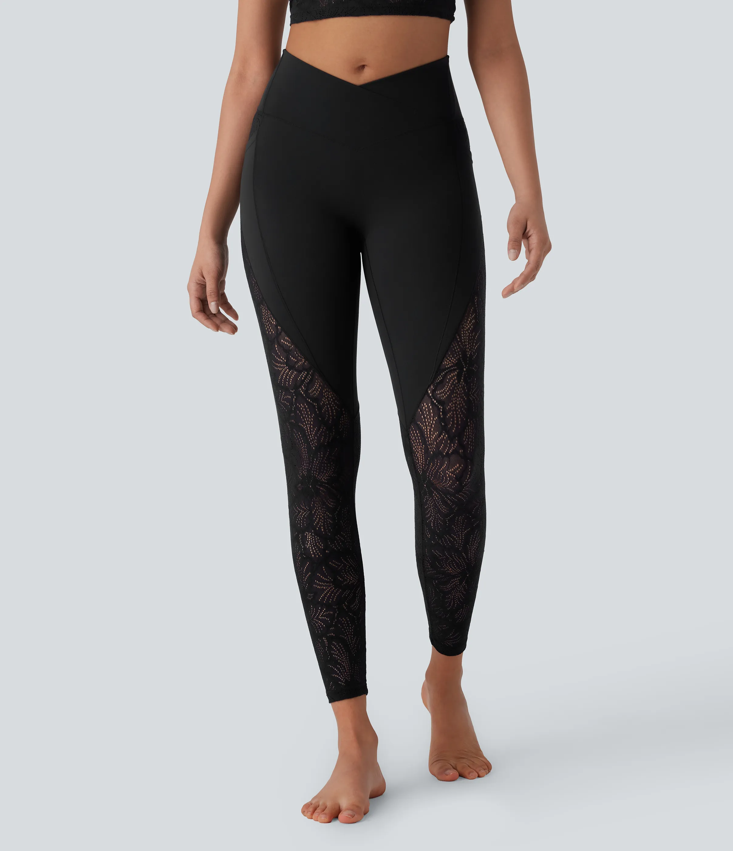 Halara Leggings Softlyzero™ yoga tiro alto bolsillo lateral cruzado encaje contrastante 7/8 - UPF50+ - Black - M(full_length) sold by Halara product image thumbnail 4