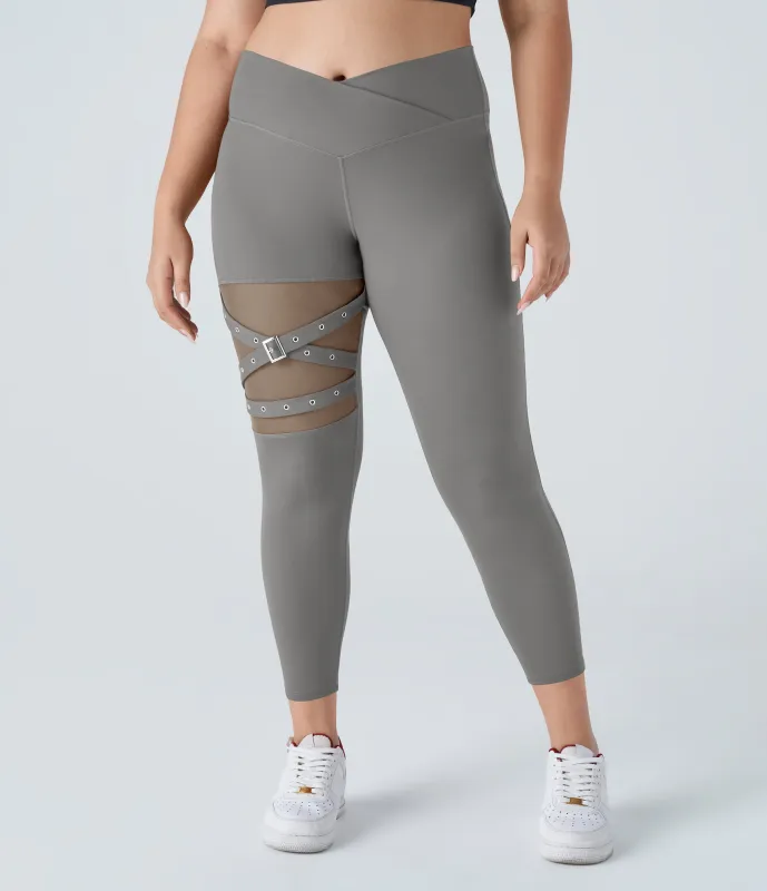 Halara Leggings  yoga tiro alto hebilla decorativa malla contrastante cruzado talla grande - Silent Storm - 3X(7/8) made by Halara