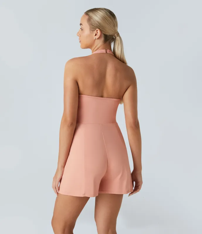 Halara Mono dobladillo envuelto sin mangas sin espalda botones halter bolsillo lateral - Pale Coral Pink - S sold by Halara