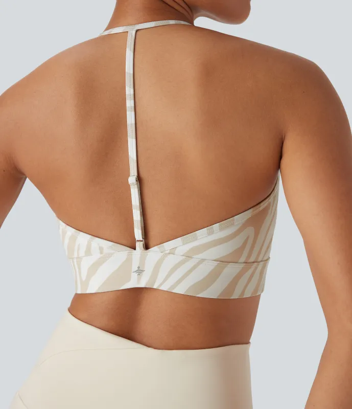 Halara Sujetador deportivo de yoga con estampado de cebra sin espalda y con cuello halter de sujeción baja - Khaki Zebra - L sold by Halara