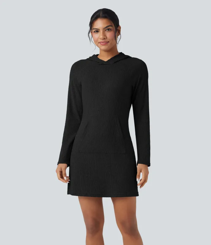 Halara Vestido corto deportivo de senderismo de manga larga con capucha y bolsillo de punto acanalado - Black - M sold by Halara