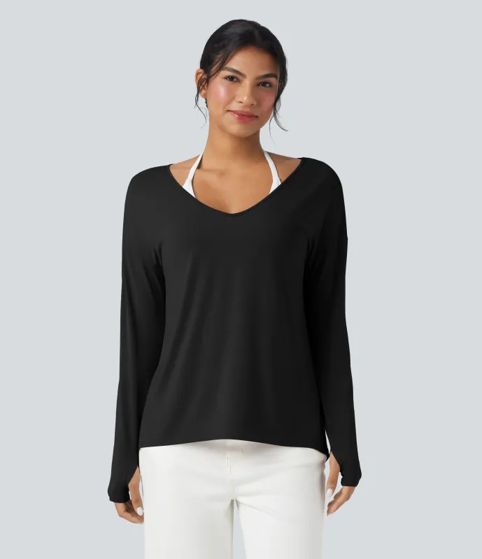 Halara Camiseta holgada de manga larga con escote en V profundo y aberturas para los pulgares (uso frontal y posterior) - Black - L sold by Halara