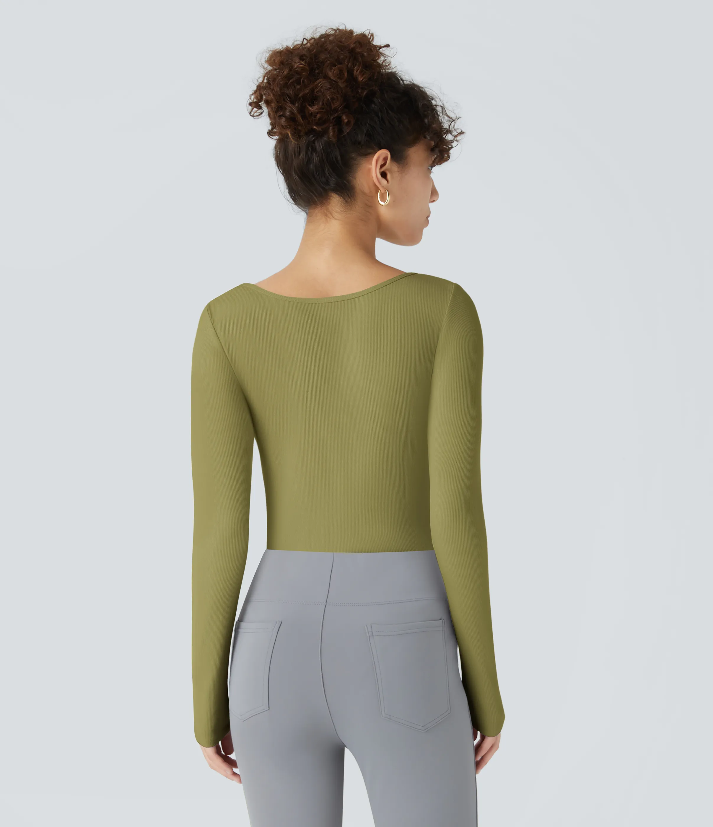 Halara Body oficina ajustado botón manga larga cuello cuadrado acanalado - Green Olive - M sold by Halara product image thumbnail 4