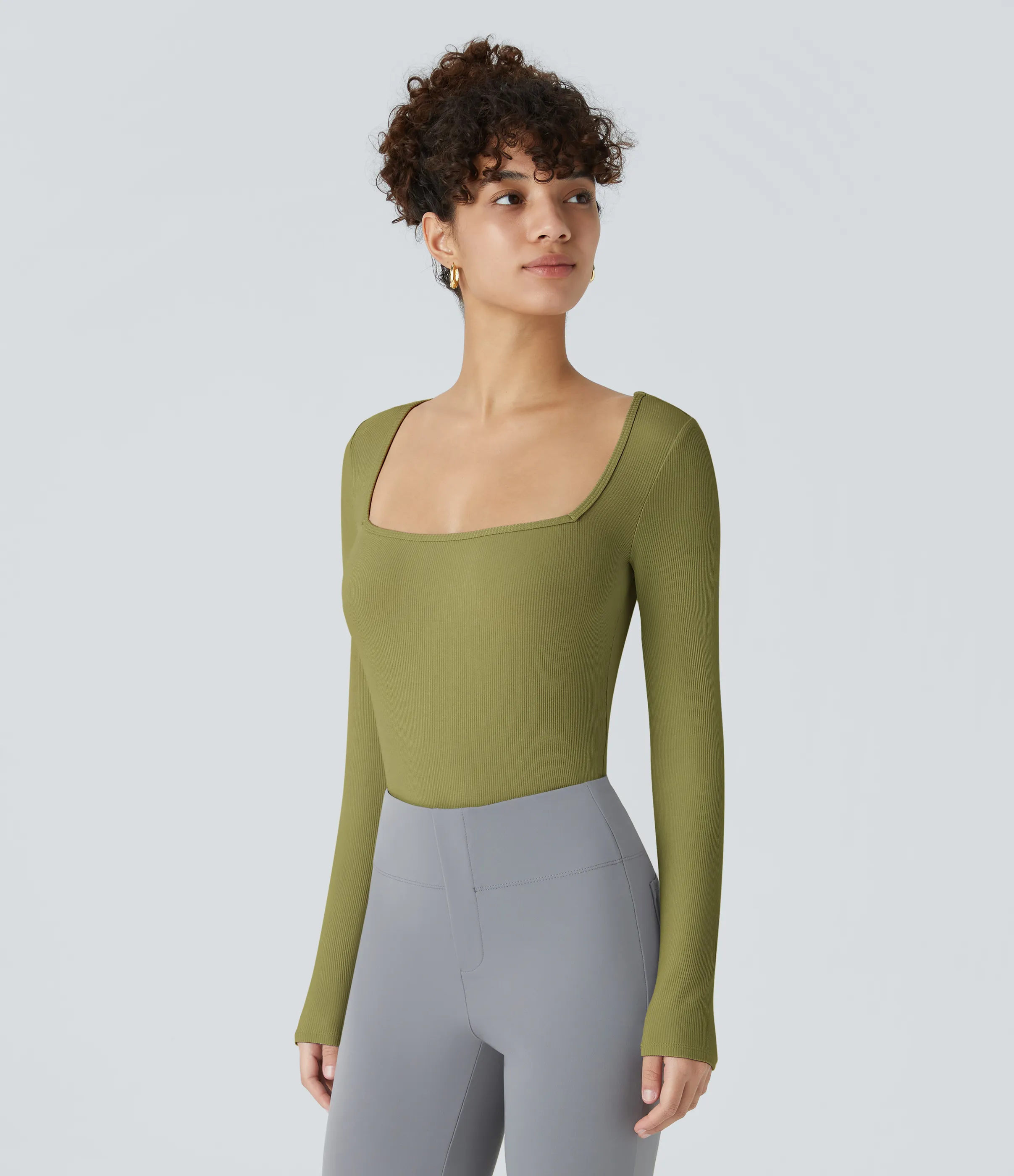 Halara Body oficina ajustado botón manga larga cuello cuadrado acanalado - Green Olive - M sold by Halara product image thumbnail 5