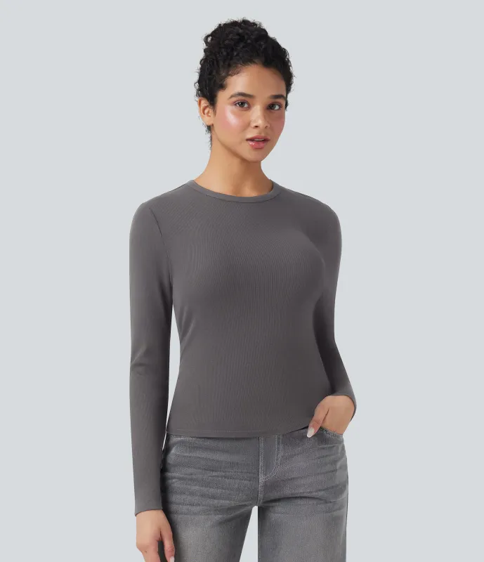 Halara Top casual de manga larga con cuello redondo y punto acanalado - Volcanic Glass - S sold by Halara