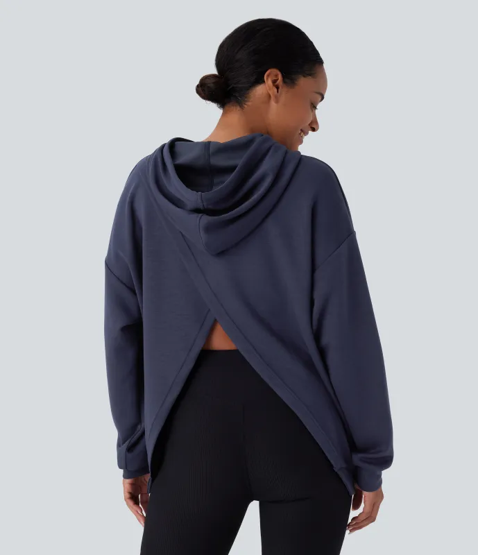 Halara Sudadera capucha cordón ajustable manga larga bolsillo canguro abertura cruzada - Midnight Blue - XS sold by Halara