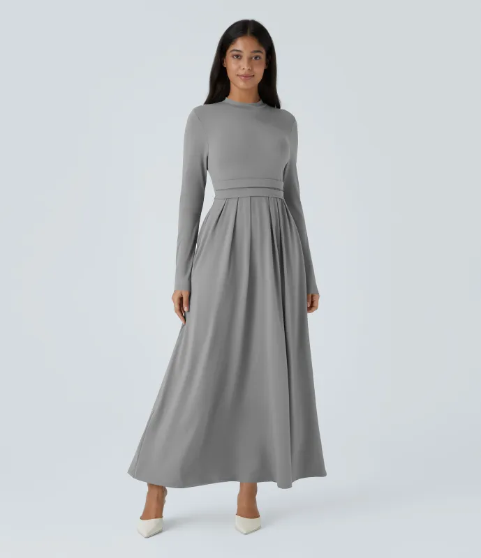 Halara Vestido largo cuello alto manga larga bolsillo lateral plisado acampanado - Ultimate Gray - S sold by Halara