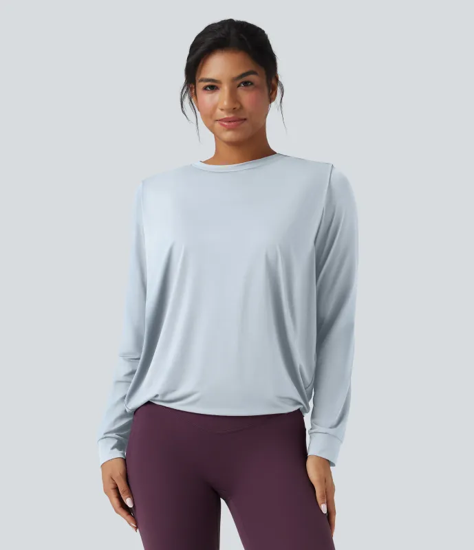 Halara Top deportivo de yoga fruncido de manga larga con cuello redondo - UPF50+ - Illusion Blue - L sold by Halara