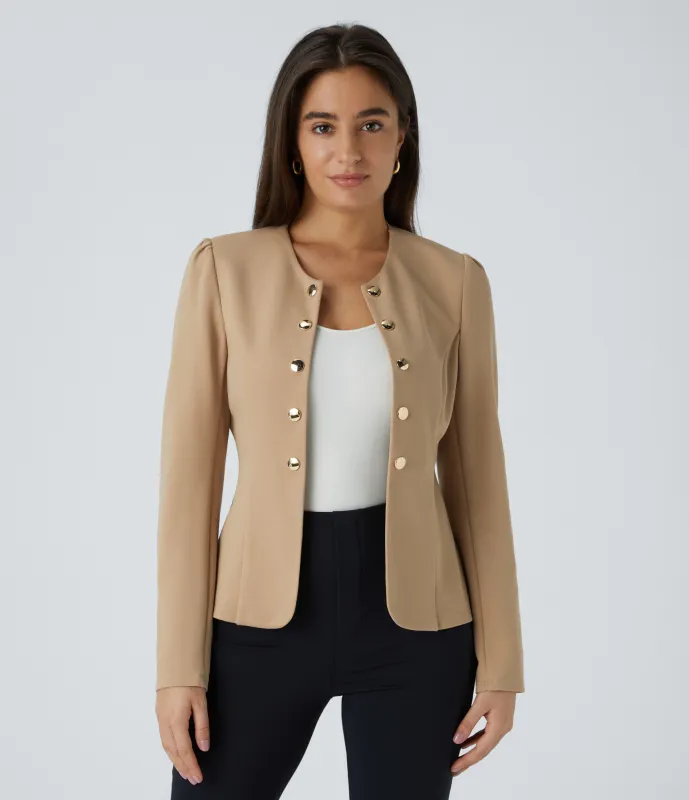 Halara Chaqueta oficina ajustada botón decorativo manga larga cuello redondo - Tan - S sold by Halara