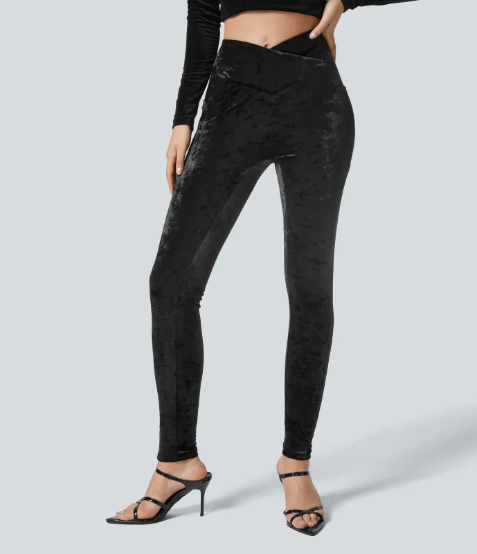 Halara Leggings de terciopelo de tiro alto con cintura cruzada y bolsillos - Black - L(7/8) made by Halara