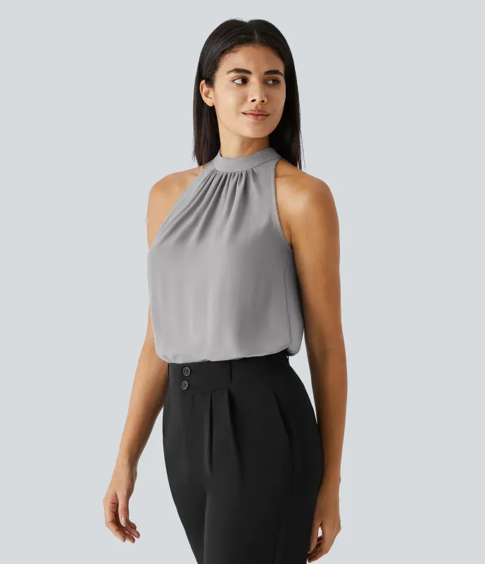 Halara Blusa oficina dobladillo curvado sin manga plisada abertura espalda halter - Sandalwood Grey - S sold by Halara