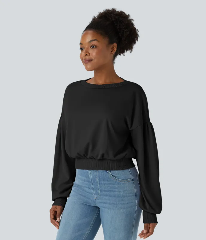 Halara Sudadera holgada cuello redondo hombro caído manga obispo plisada - Black - XL sold by Halara