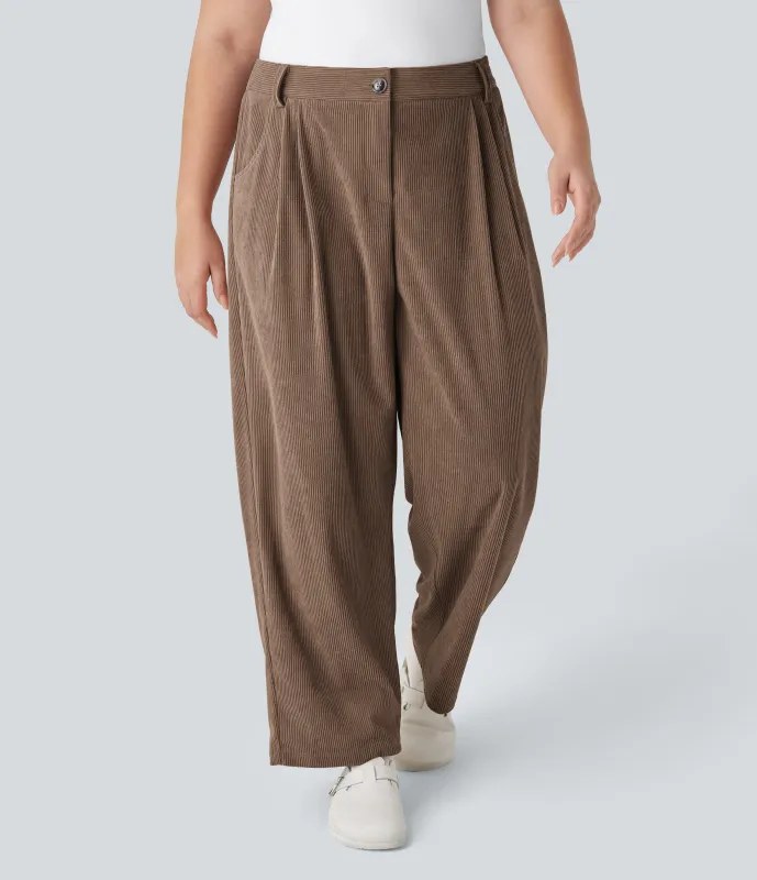 Halara Pantalones pana talla grande bolsillo lateral cremallera botón tiro medio - Cocoa Brown - 3X sold by Halara