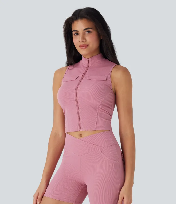 Halara Top de yoga corto ajustado y fruncido con cremallera y cuello alto - Rouge Pink - XL sold by Halara